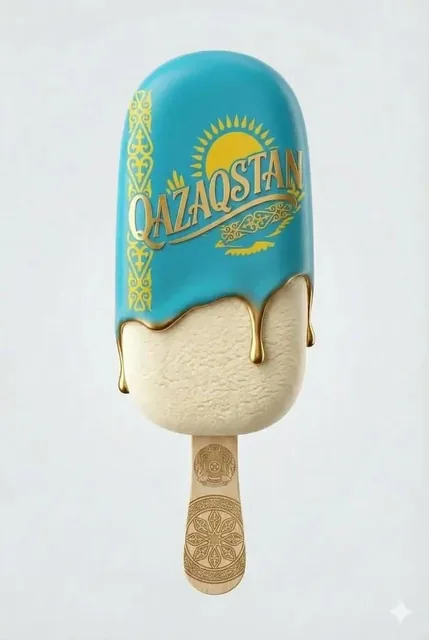 A minimalist, ultra-realistic product shot of a premium ice cream bar inspired by Kazakhstan. The popsicle is coated in