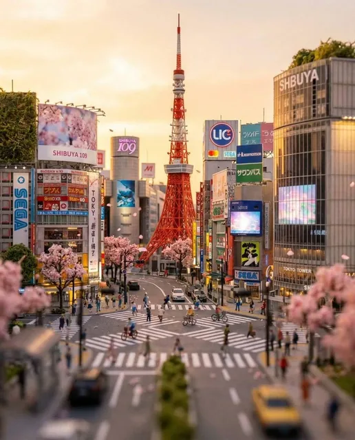 Tilt-shift 3D model diorama in 4:5 aspect ratio, highlighting Tokyo Tower and the Shibuya Crossing at sunset. Tiny pedes