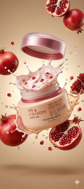 "A hyperrealistic premium product photography scene of a smooth beige cosmetic jar labeled “Collagen" Pomegranate & Coll