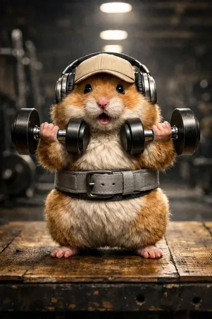 A hyper-detailed, adorable golden hamster in a bright, cheerful gym, animated in smooth cinematic motion. The chubby ham
