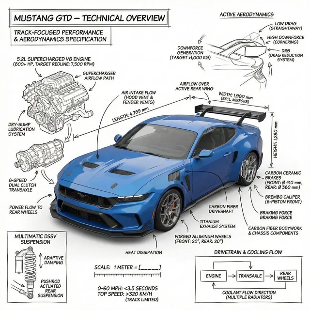 Create an infographic image of Mustang GTD combining a realistic photograph or photorealistic render of the object with