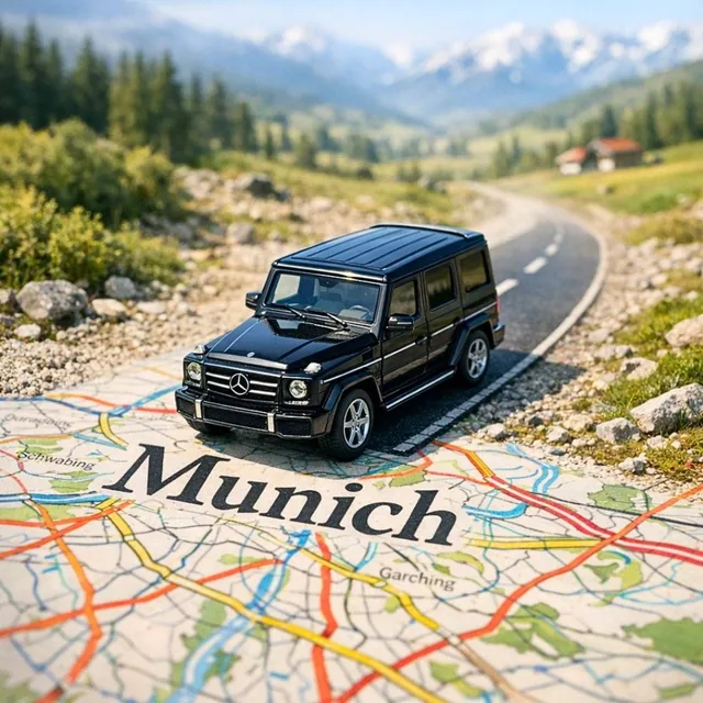 A surreal, hyper-realistic close-up scene of a miniature [CAR] driving along a winding road that seamlessly transforms i