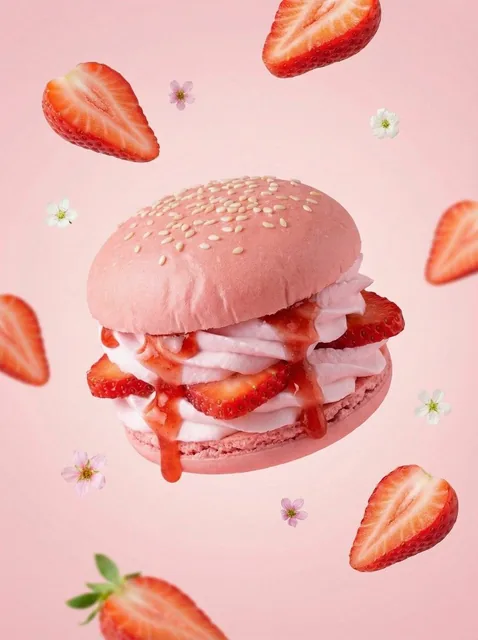 A hyper-realistic {FRUIT} dessert burger, centered composition, soft pastel {FRUIT_COLOR} color palette. Fluffy {FRUIT_C