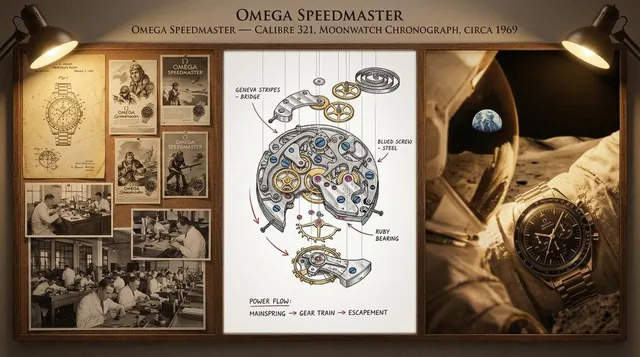 A master watchmaker's documentation board for [TIMEPIECE] — [MANUFACTURE / COMPLICATION / YEAR]. Left section: historica