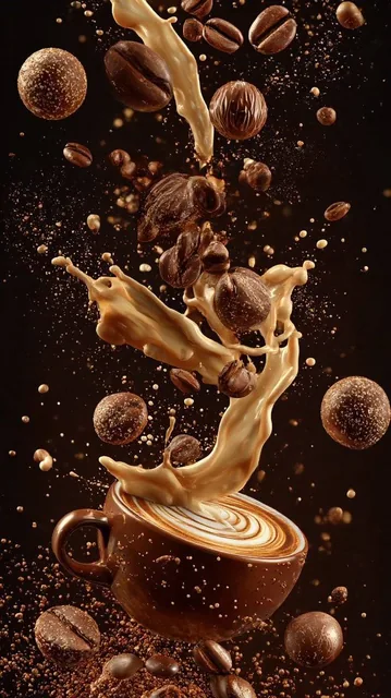 Ultra-cinematic vertical composition of coffee elements suspended in mid-air cascading roasted coffee beans, chocolate b