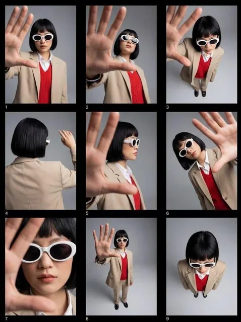 Editorial fashion contact sheet of a modern woman with a sharp black bob haircut wearing white oval sunglasses, a beige