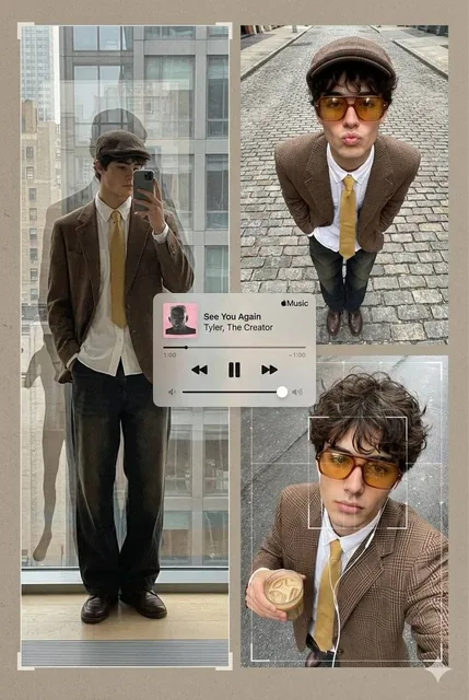 An editorial poster-style multi-panel collage presents Subject[person in the image] across three asymmetric photographic