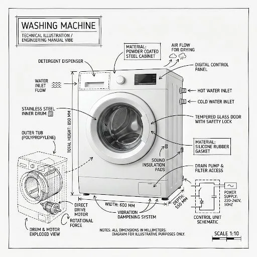 Create an infographic image of [washing machine], combining a realistic photograph or photoreal render of the object wit
