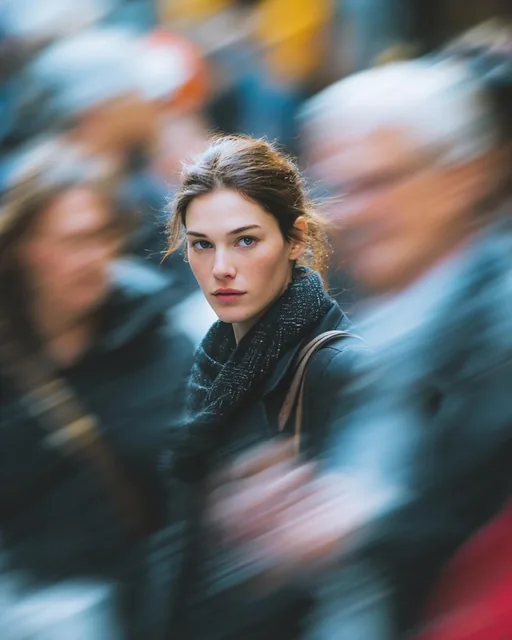 Ultra-realistic cinematic street portrait of a young woman standing still in a crowded city street, sharp focus on her f