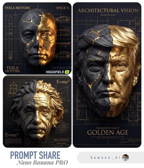 A high-detail artistic 3D portrait of the person in the photo, reimagined as a fragmented sculptural mask. The face is v