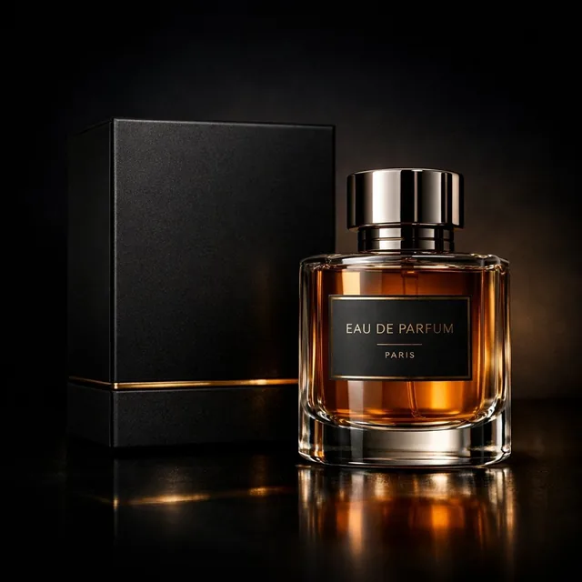 Luxury perfume product photography in a dark cinematic studio. A premium black matte perfume box with sharp edges and su