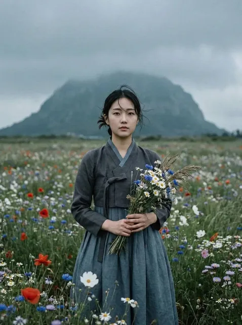 Ultra-realistic cinematic portrait of a young East Asian woman standing alone in a vast wildflower meadow. She is center