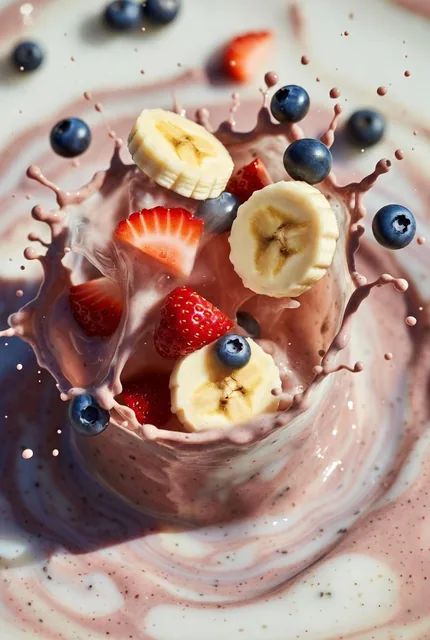Ultra-realistic smoothie explosion, banana slices, strawberry pieces, blueberry splash, chia seeds, liquid swirl frozen