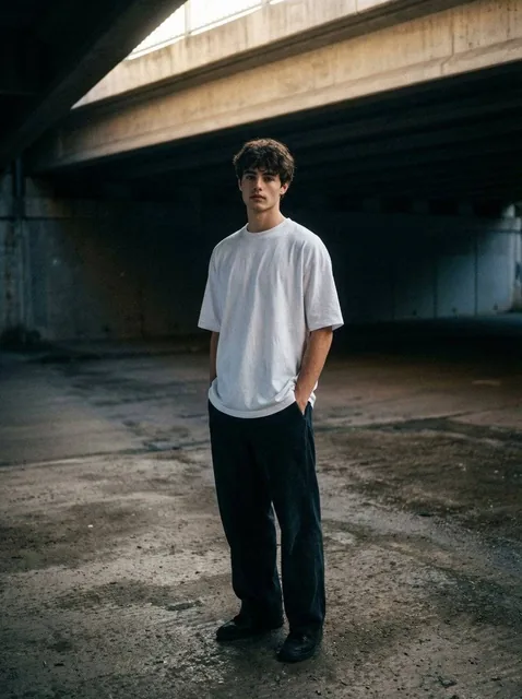 A moody, urban portrait of me standing under a desolate concrete overpass, the harsh architectural lines framing a lone