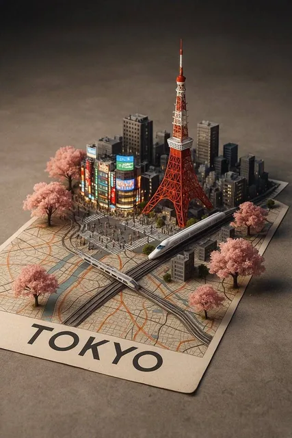 A street-style map of [CITY_NAME] placed on a {MAP_SURFACE}, with a photorealistic miniature version of [CITY_NAME] emer