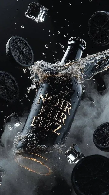 Ultra-cinematic product photography of a matte black luxury soda bottle labeled “NOIR FIZZ”, floating mid-air at a sharp