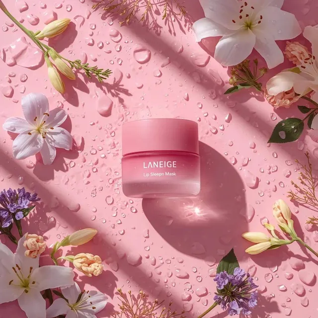 A hyper-realistic beauty product photograph of a pink [LANEIGE Lip Sleeping Mask] jar placed at the center of a vibrant