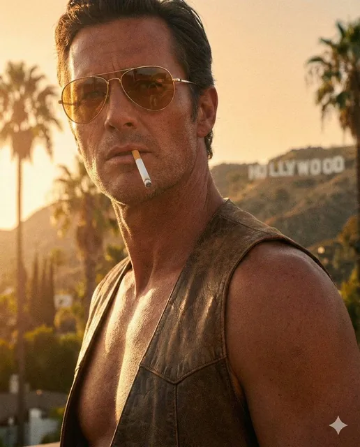 Shirtless male subject, hyper-realistic skin texture, deep tan, 1970s Hollywood aesthetic, vintage gold-rimmed aviator s