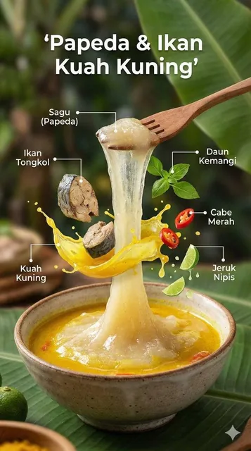 Ultra-realistic cinematic food photography of a traditional Indonesian dish, presented as a floating ingredients infogra