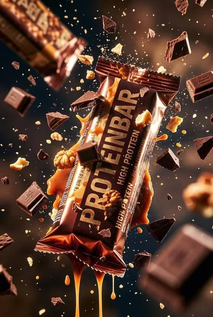 Ultra-cinematic product photography of a premium protein bar wrapped in metallic packaging, floating at a dynamic angle;