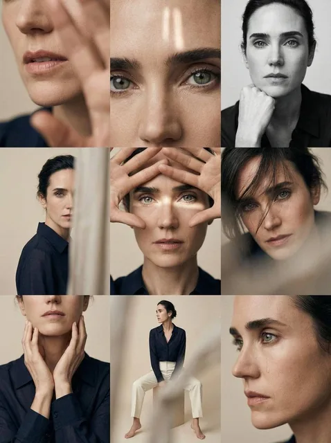 Editorial 3x3 photo grid in a clean soft beige studio. Character (matches reference 100%) wearing lightweight dark navy