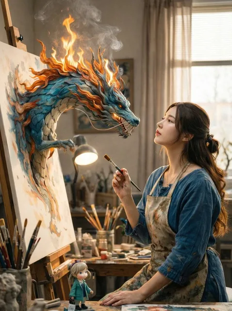 A cinematic fantasy scene inside a cozy artist’s studio. A young female painter wearing a paint-stained apron sits at an