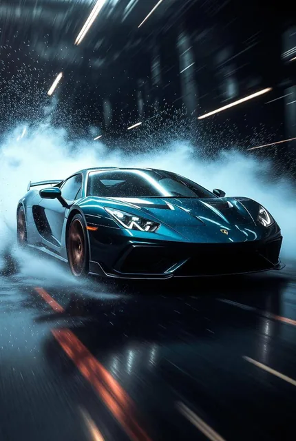 Hyper-realistic cinematic product photograph of a luxury sports car front three-quarter view, glossy paint reflecting sh