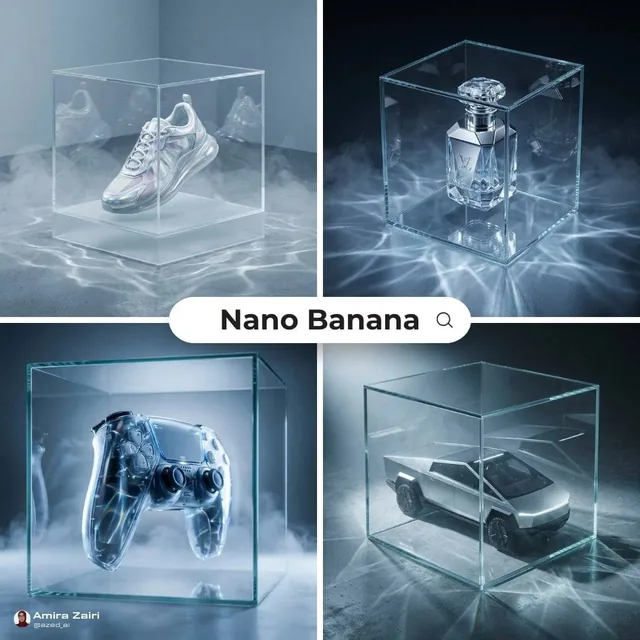 [product], futuristic high-end ad, transparent glass cube enclosure, caustic light patterns on surface, minimal composit