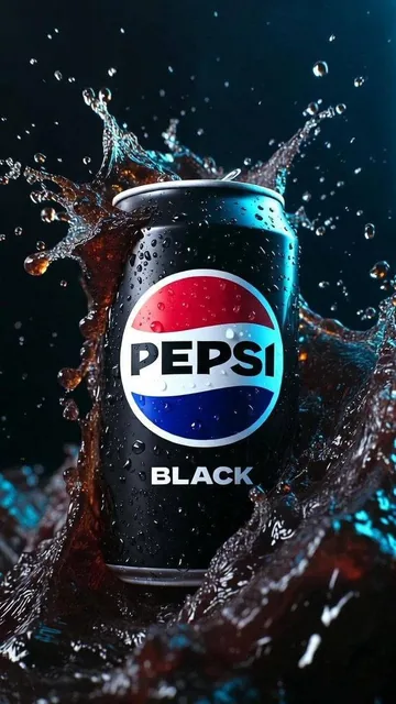 Hyper-realistic cinematic product photograph of a Pepsi Black can, front-facing and perfectly legible, ice-cold surface