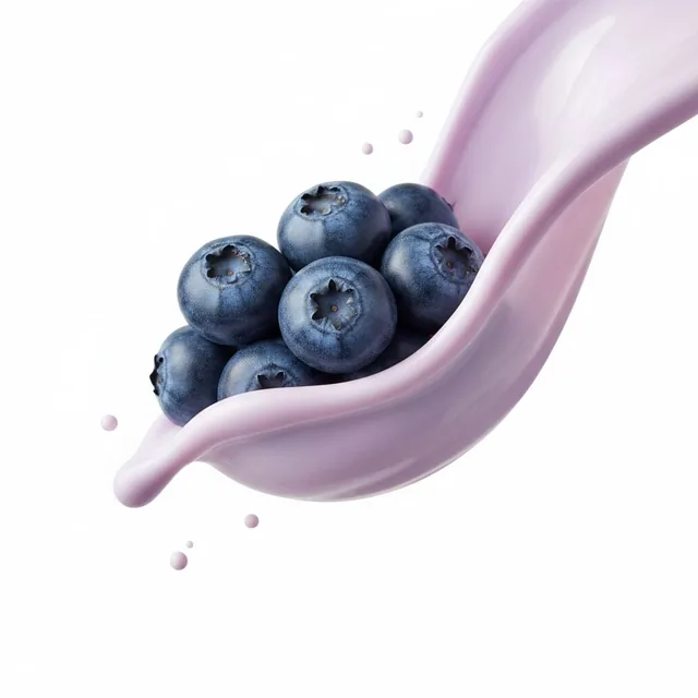 A high-speed studio photograph of a cluster of fresh blueberries suspended midair, softly wrapped by a gentle flow of pa