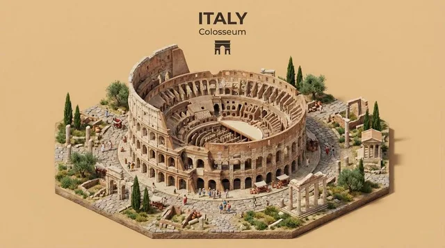 Create an isometric miniature 3D diorama representing the iconic architecture of [COUNTRY NAME] through [FAMOUS STRUCTUR
