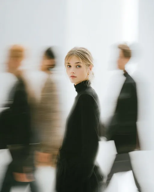 A high fashion magazine pictorial of an Alpine-looking woman in her early 20s who stands still, looking at the camera, t
