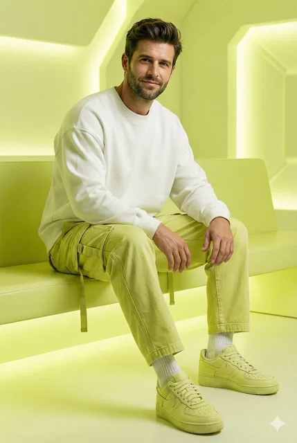 A young man with a slight smile see the uploaded picture as reference for the face wearing outfit: oversized white sweat
