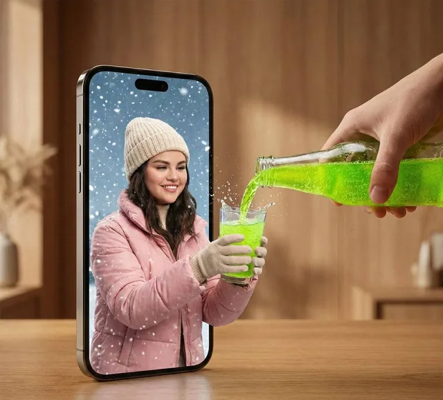A hyper-realistic surreal photograph of a modern smartphone lying flat on a wooden table, its screen acting as a portal