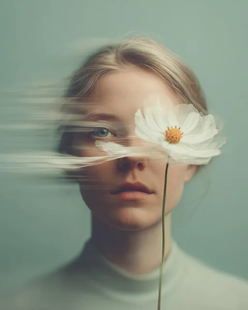 Ultra-realistic fine-art portrait of a young woman with soft natural features, minimal makeup, and calm introspective ex