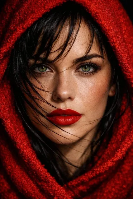 Extreme close-up portrait of a woman with piercing green eyes and bold, matte red lips, her face framed by a vibrant red