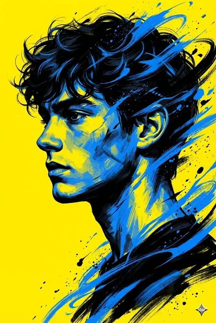 A bold, high contrast digital portrait of a young man in side profile, facing left. The style is expressive and painterl