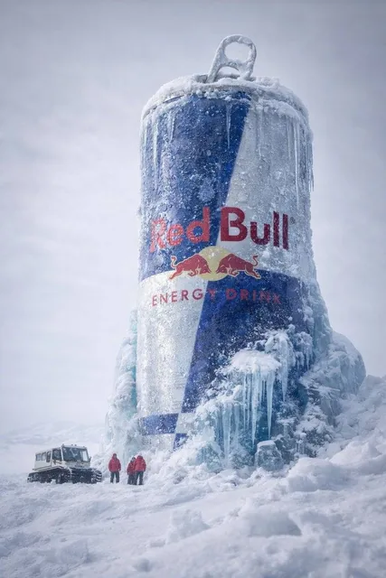 Hyper-realistic cinematic 8k photograph, low-angle wide perspective. A massive Monster Energy can standing vertically li