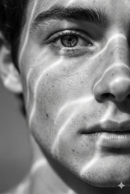 A hyperrealistic 8K black and white extreme close-up portrait of a young man's face, focusing tightly on his eye, cheekb