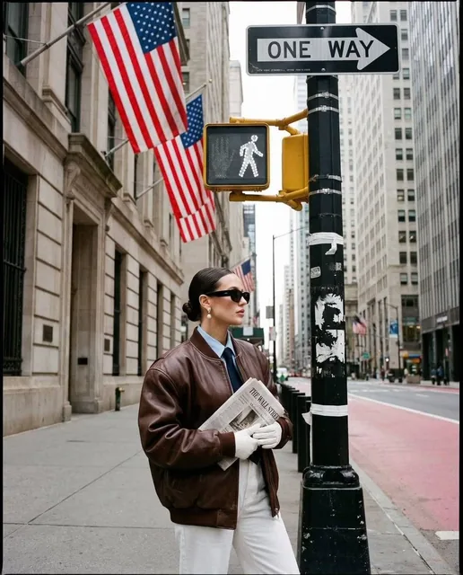 Ultra-realistic street fashion editorial photograph in New York City / Wall Street area, shot in vertical 3:4 (1152×1536