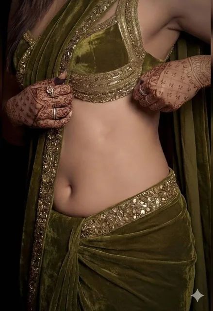 A detailed, high-fashion studio photograph of a woman posing gracefully, wearing a luxurious olive green velvet saree dr
