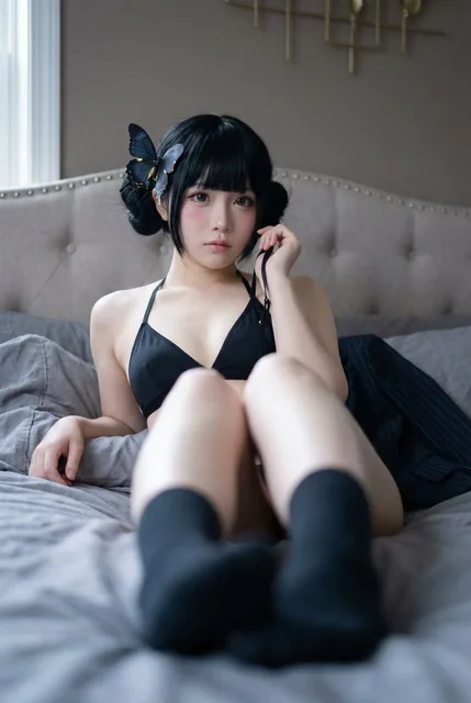 { "subject": { "description": "An adult woman in a cosplay-inspired boudoir portrait, reclining on a bed with foreshorte