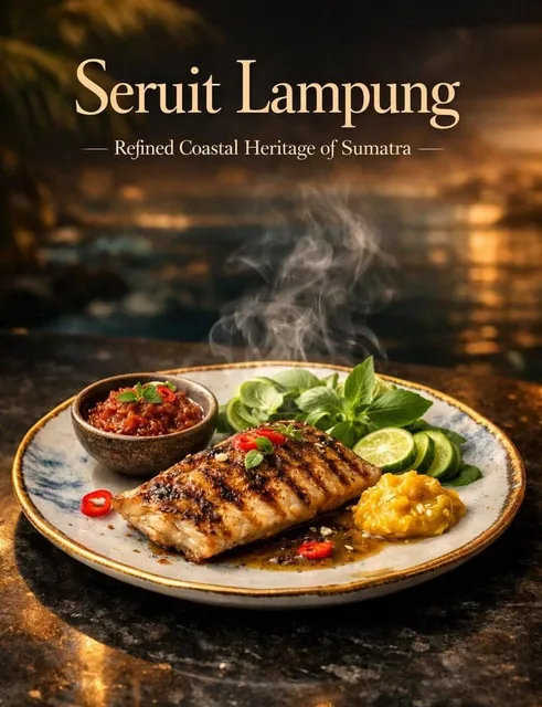 Luxury cinematic food photography of traditional Indonesian “Seruit Lampung” — beautifully grilled fish fillet glazed wi