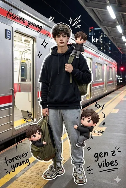 A high quality mixed media portrait of a trendy young man (using my uploaded person photo) standing on a train station p