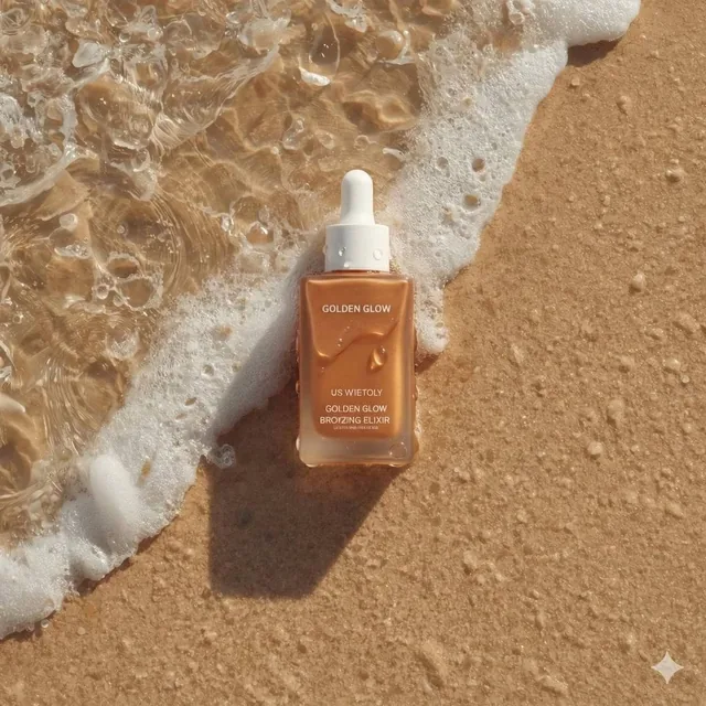 Ultra-realistic summer skincare product photography of a bronzing drop bottle named "Golden Glow - Bronzing Elixir", rec