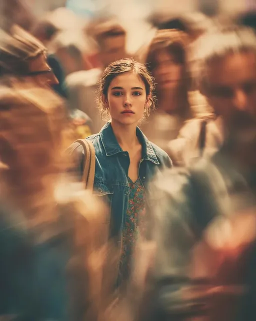 Cinematic portrait of a young person standing still in the middle of a busy crowd, sharp focus on the subject while peop
