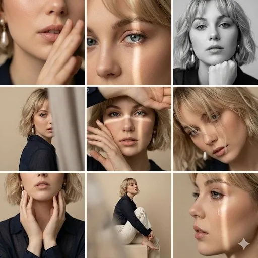 Editorial 3x3 photo grid in a clean soft beige studio. Character (matches reference 100%) wearing lightweight dark navy
