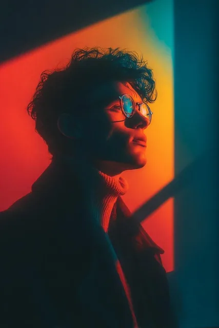 Cinematic portrait of a stylish young person wearing round glasses, standing beside a wall illuminated by bold geometric