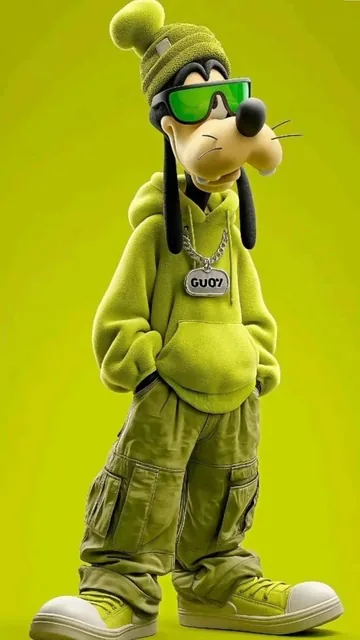 Full-body 3D stylized anthropomorphic cartoon dog character wearing modern streetwear, oversized neon green hoodie, carg