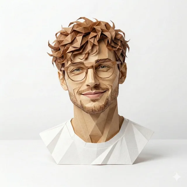 A hyper-detailed, origami-style version of a person, folded from high-quality paper with crisp, clean edges and a realis
